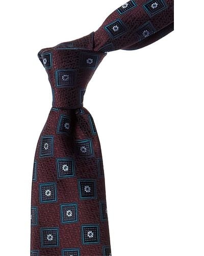 Canali Maroon Floral Square Silk Tie - Blue