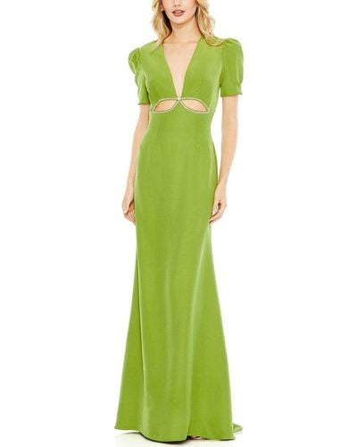 Mac Duggal Plunge Neck Puff Sleeve Cut Out Gown - Green