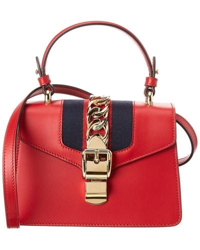 Gucci Sylvie Mini Leather Top Handle Shoulder Bag - Red