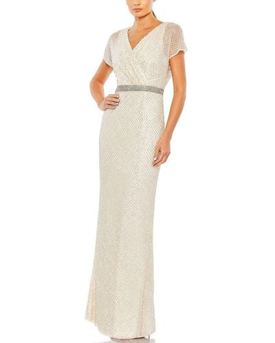 Mac Duggal Beaded Butterfly Sleeve Column Gown - White