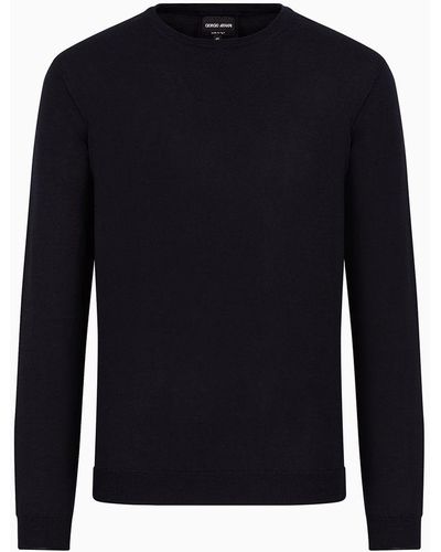 Giorgio Armani Long-sleeved Crew-neck Jumper In Silk And Cotton - Blue