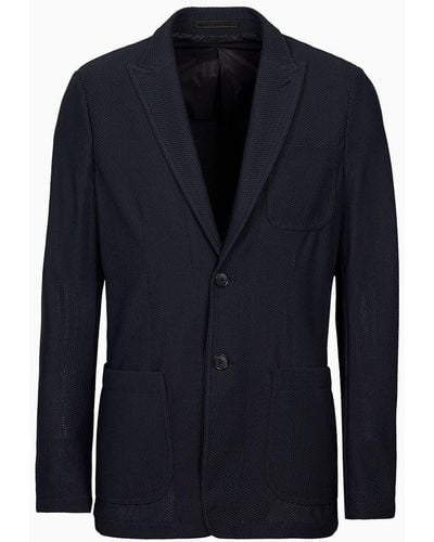 Giorgio Armani Icon Single-breasted Jacket In Technical Waffle Fabric - Blue