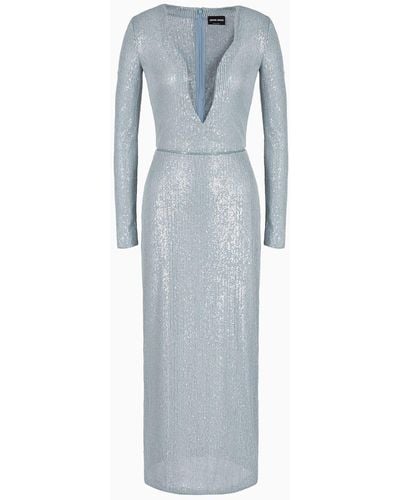 Giorgio Armani Langes Kleid Aus Jersey, Verziert Mit Vollflächiger Paillettenstickerei - Blau