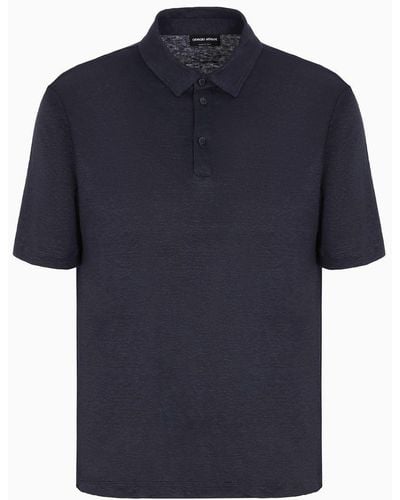Giorgio Armani Short-sleeved Polo Shirt In Pure Linen Jersey - Blue