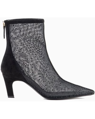 Giorgio Armani Suede Ankle Boots With Tulle And Rhinestones - Black