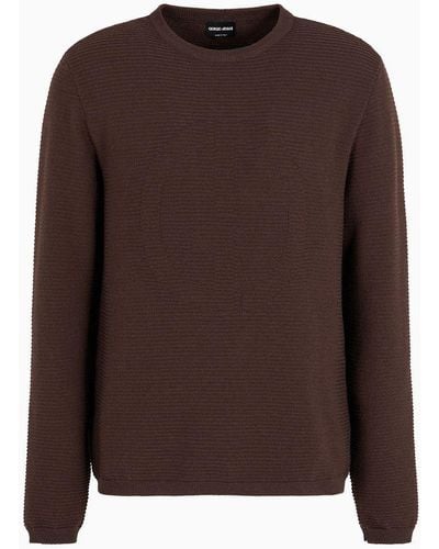 Giorgio Armani Virgin-wool Blend Crew-neck Sweater With Jacquard Logo - Brown