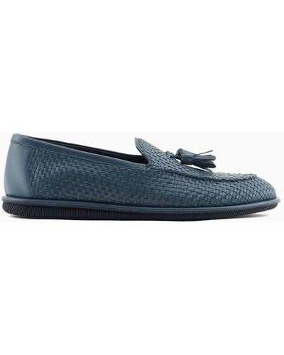 Giorgio Armani Woven Nappa Leather Loafers With Tassels - Blue