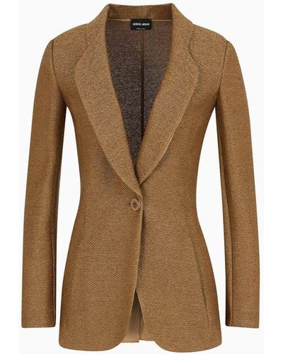 Giorgio Armani Single-breasted Jacket In A Raffia-effect Jacquard Cotton-blend Jersey - Brown