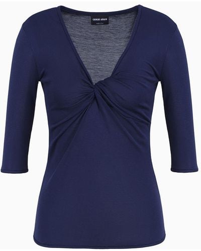 Giorgio Armani Silk-viscose Jersey V-neck Sweater - Blue