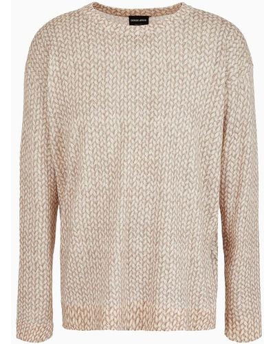 Giorgio Armani Crew-neck Sweater In Virgin Wool With A Braided Print - Natural