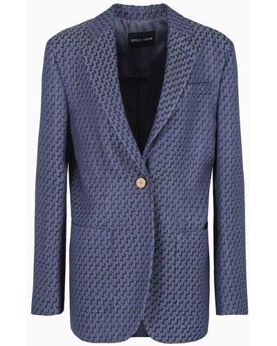 Giorgio Armani Single-breasted Jacket Made From Viscose Jacquard - Blue