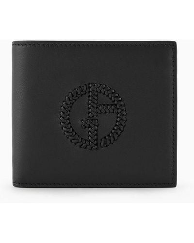 Giorgio Armani Leather Bifold Wallet With Coin Purse With Embroidered Logo - Black