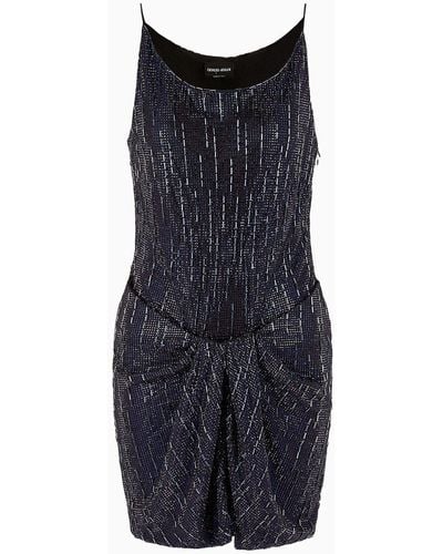 Giorgio Armani Short Silk Dress With Crystal Embroidery - Blue