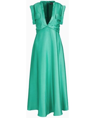 Giorgio Armani Langes Kleid Aus Doppellagigem Seidensatin - Grün