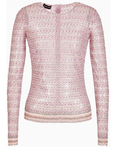Giorgio Armani Crew-neck Sweater In Tulle With Crystal Embroidery - Pink