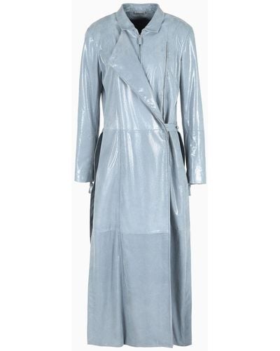 Giorgio Armani Long Coat In Laminated Suede - Blue