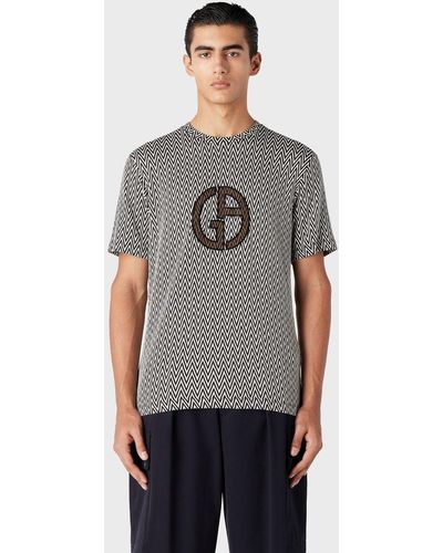 Giorgio Armani Viscose Chevron-jacquard Jersey T-shirt With Ga Logo Armani Sustainability Values - Grey