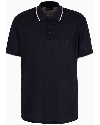Giorgio Armani Short-sleeved Polo Shirt In Silk, Linen And Cotton Jersey - Black
