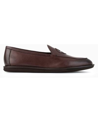 Giorgio Armani Vintage Nappa Leather Loafers With Embroidered Logo - Brown