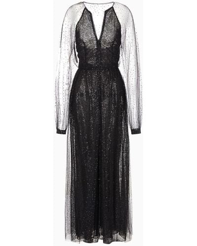 Giorgio Armani Silk And Tulle Long Dress With All-over Rhinestones - Black