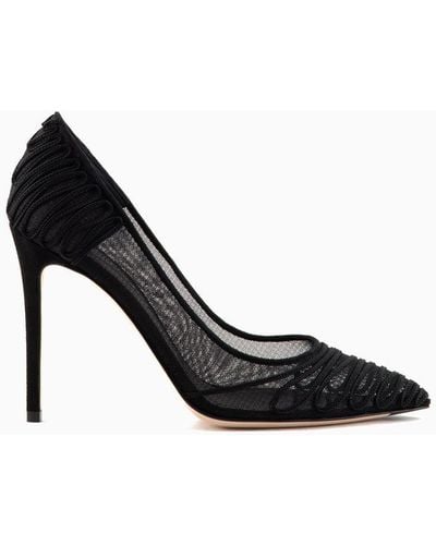 Giorgio Armani Tulle Court Shoes With Suede Embroidery - Black