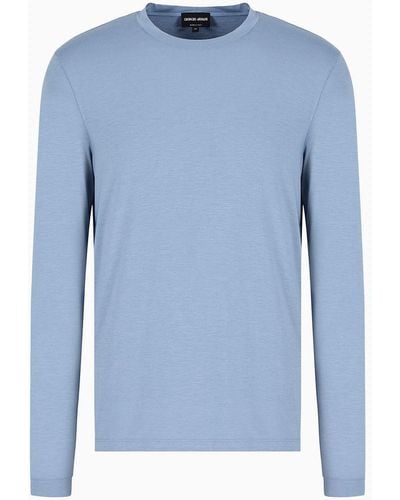 Giorgio Armani Stretch Viscose Jersey Jumper With Crew Neck And Long Sleeves - Blue
