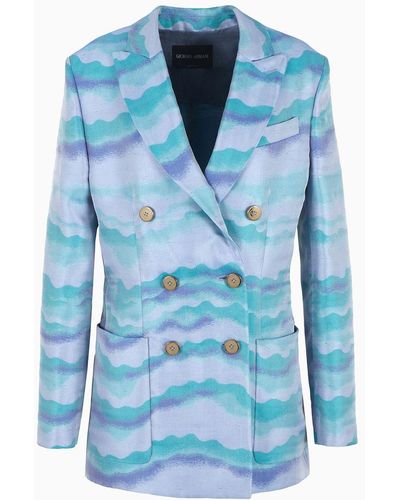 Giorgio Armani Double-breasted Jacket In Jacquard With A Wave Motif - Blue