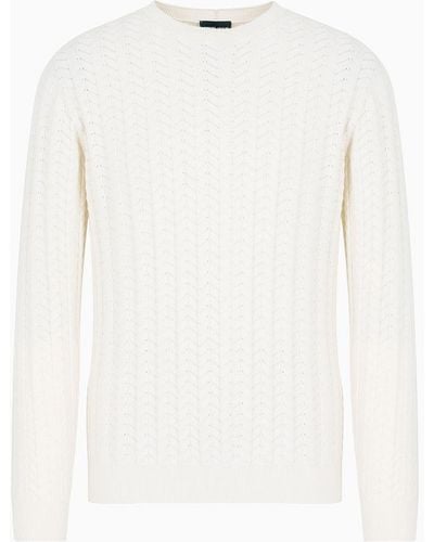 Giorgio Armani Crew-neck Sweater In Chevron Jacquard Cotton, Cashmere And Silk - White