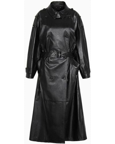Giorgio Armani Double-breasted Nappa Leather Oversized Trench Coat - Black