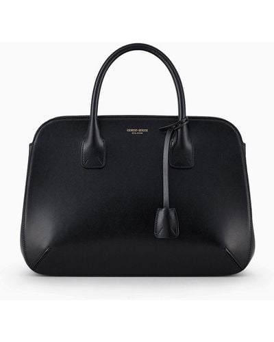 Giorgio Armani Large La Prima Tote Bag In Palmellato Leather - Black