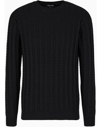 Giorgio Armani Jersey De Cuello Redondo De Algodón, Cachemir Y Seda En Tejido Jacquard Con Motivo Chevrón - Negro