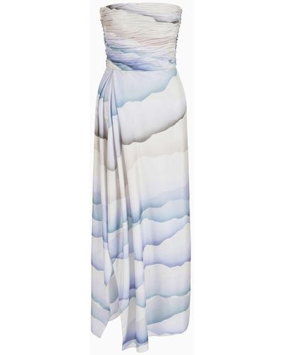 Giorgio Armani Asv Printed Silk Habotai Long Bustier Dress - White