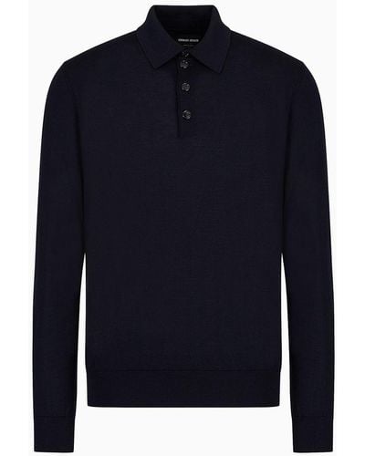 Giorgio Armani Long-sleeved Polo Shirt In Virgin Wool - Blue