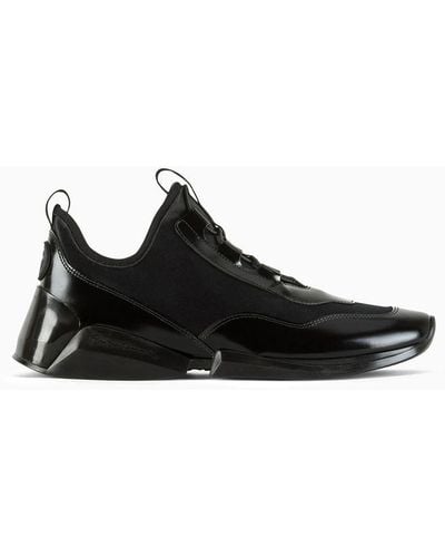 Giorgio Armani Sneakers En Cuir De Veau Brillant Et Nylon - Noir