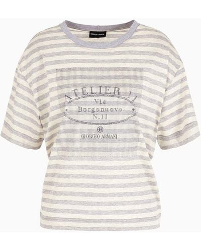 Giorgio Armani Denim Collection T-shirt In Jersey Di Cotone E Lino A Righe - Bianco