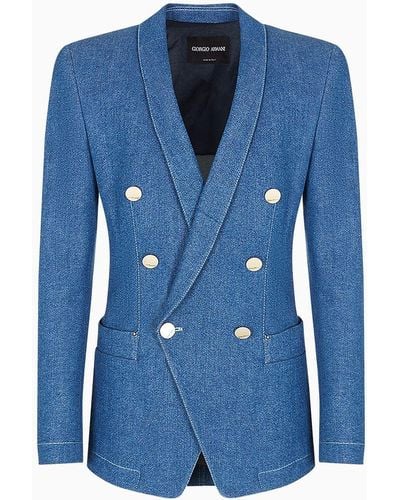 Giorgio Armani Denim Collection Double-breasted Jacket In Stretch Cotton Denim - Blue