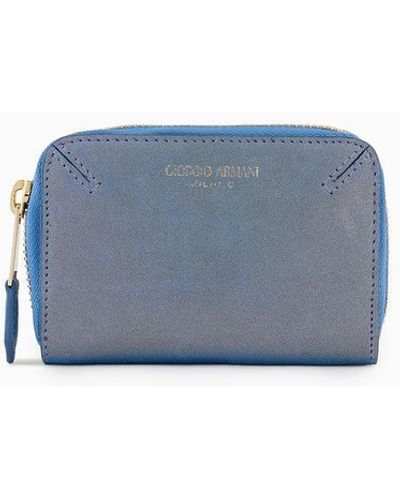 Giorgio Armani La Prima Wraparound Zip Card Holder In Glossy Nubuck - Blue