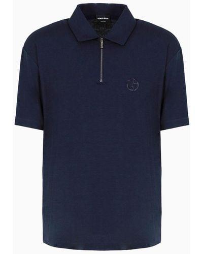 Giorgio Armani Stretch Lyocell And Silk Jersey Short-sleeved Polo Shirt - Blue
