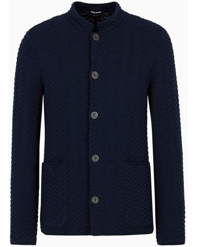 Giorgio Armani Single-breasted Jacket In Chevron Ottoman Wool - Blue
