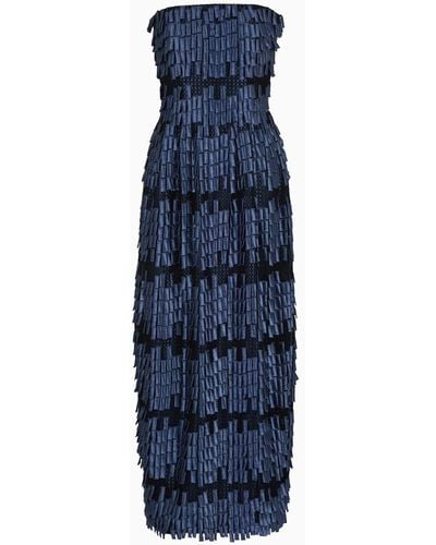 Giorgio Armani Long Bustier Dress In A Viscose Blend With Fringe-effect Embroidery - Blue