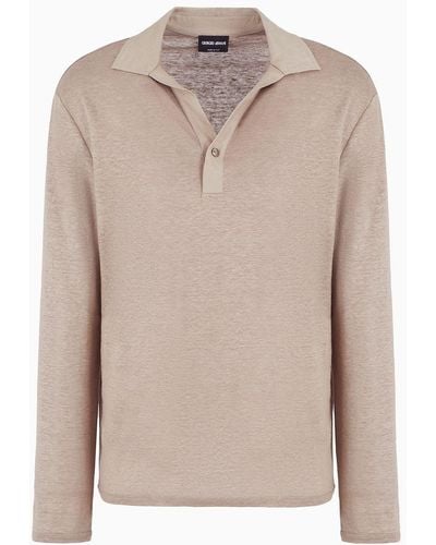 Giorgio Armani Long-sleeved Polo Shirt In Pure Linen Jersey - Natural