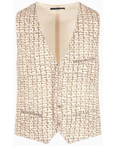 Giorgio Armani Single-breasted Waistcoat In A Woven Print Linen - Natural