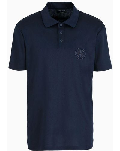 Giorgio Armani Short-sleeved Polo Shirt In Cotton Interlock - Blue