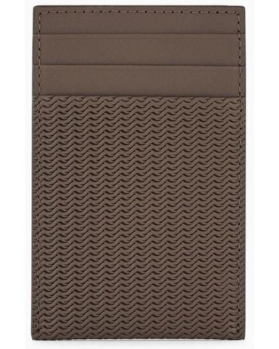 Giorgio Armani Card Holder In Embossed Leather - Brown