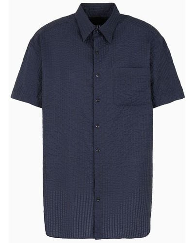 Giorgio Armani Short-sleeved Cotton And Silk Seersucker Oversized Shirt - Blue