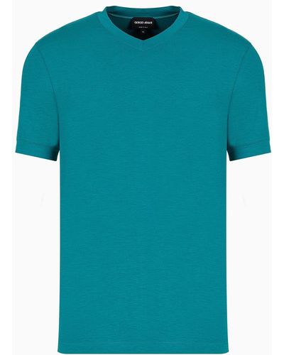 Giorgio Armani T-shirt Con Scollo A V Icon In Jersey Di Viscosa Stretch - Blu