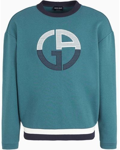 Giorgio Armani Sweatshirt Mit Rundhalsausschnitt Aus Baumwolle Und Kaschmir Mit Maxi-logo - Blau
