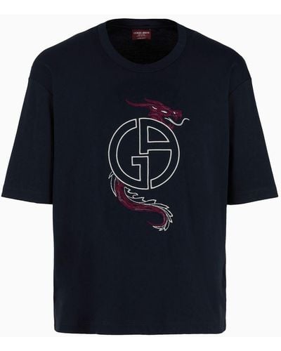 Giorgio Armani Camiseta De Cuello Redondo De Punto De Algodón Biológico - Azul