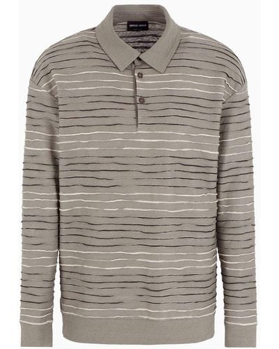 Giorgio Armani Long-sleeved Polo Shirt In Linen, Cotton And Viscose Jersey Jacquard - Gray