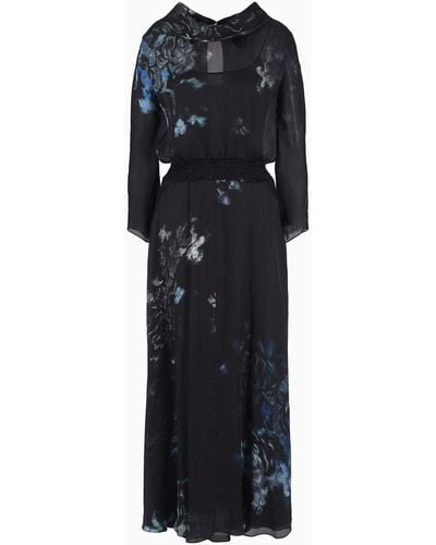 Giorgio Armani Langes Kleid Aus Seidencharmeuse Mit Blumen-print - Schwarz